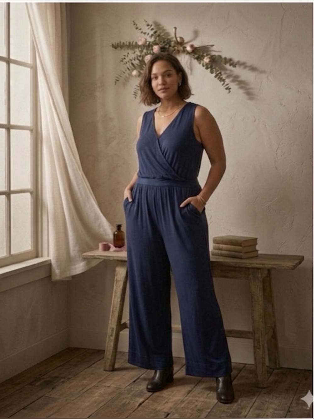 H Halston Sleeveless Faux Wrap Jumpsuit Navy L NWT